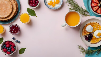 Text-Friendly Morning Feast: Aerial View Background Design of a Breakfast Table Laden with Various Delights. Perfect for Culinary Content, Food Blogs, and Morning Vibes. 6:9 Background.