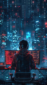 A hacker sitting in front of a computer screen surrounded by strings of code and digital graphics