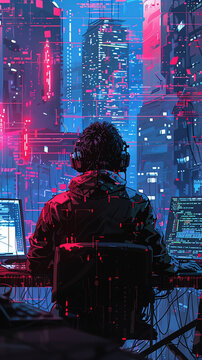 A hacker sitting in front of a computer screen surrounded by strings of code and digital graphics