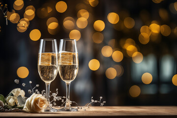 Célébration mariage ou anniversaire : bouquet de fleurs, décoration guirlande lumineuse et deux coupes de champagne sur la table avec paillettes, fond festif scintillant  - obrazy, fototapety, plakaty