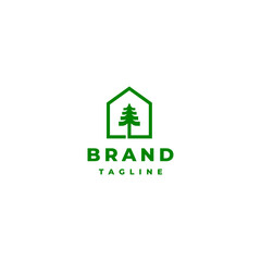 Simple Home Pine Tree Logo Design. Simple Line Pine Tree Inside the House Logo Design.