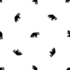 Seamless pattern of repeated black raccoon symbols. Elements are evenly spaced and some are rotated. Vector illustration on white background