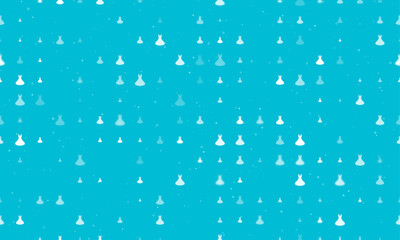 Seamless background pattern of evenly spaced white flared dress symbols of different sizes and opacity. Vector illustration on cyan background with stars