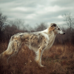 A photo Borzoi breed dog walk side outdoors.