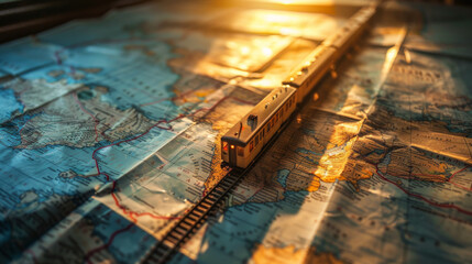 Train model on map , rail transportation or train journey concept image with copy space - obrazy, fototapety, plakaty