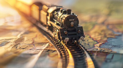 Train model on map , rail transportation or train journey concept image with copy space - obrazy, fototapety, plakaty