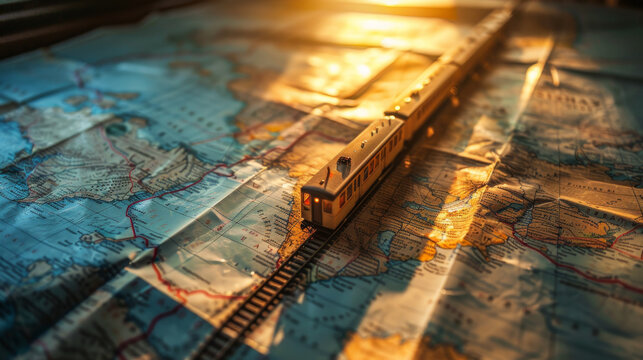 Train model on map , rail transportation or train journey concept image with copy space