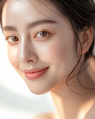 Naklejka premium photo high quality detail skin texture, beautiful face woman asian smiling glowing skin texture, high detail