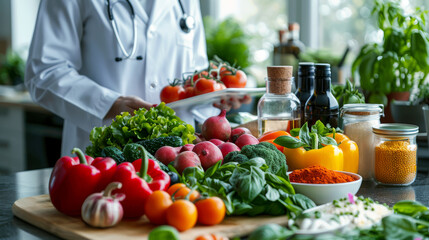 Nutritionist concept image with nutrition specialist showing vegetables for a proper nutrition