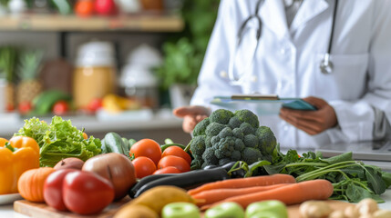 Nutritionist concept image with nutrition specialist showing vegetables for a proper nutrition - obrazy, fototapety, plakaty
