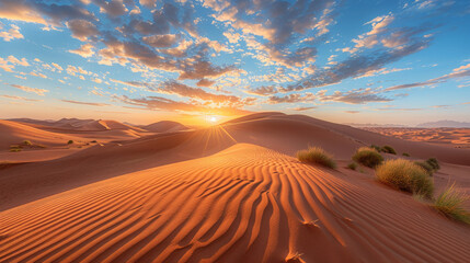 Sunrise over sand dunes in desert background with copy space - obrazy, fototapety, plakaty