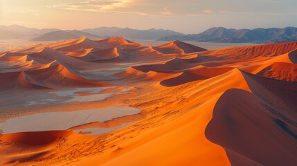 Sunrise over sand dunes in desert background with copy space