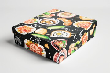 beautifully designed box featuring a variety of sushi illustrations, each detailed and vibrant against a contrasting black background