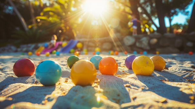 People playing boules on sand with colorful balls on summer holidays