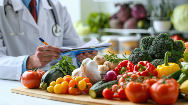 Nutritionist concept image with nutrition specialist showing vegetables for a proper nutrition