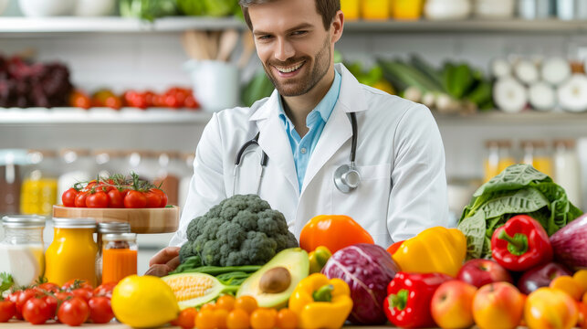 Nutritionist concept image with nutrition specialist showing vegetables for a proper nutrition