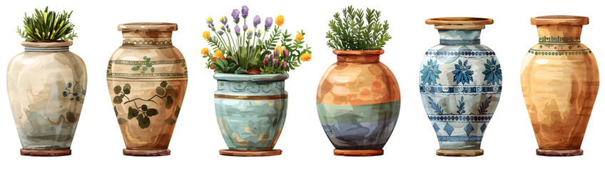 Collection of 3 Retro Vintage Old Clay Jar Vase Styles or Classic Interior Plant Pots - Furniture Cutouts Isolated on Transparent Background