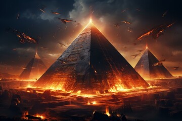 Luminous Cyber pyramid neon. Mesh element. Generate Ai