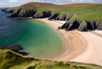Silver Strand, a sandy beach in a sheltered, horseshoe-shaped bay, situated at Malin Beg, near Glencolmcille, in south-west County Donegal, Ireland. Generative ai