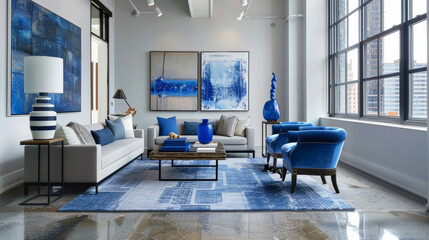Living Room with Dynamic Blue Accents
