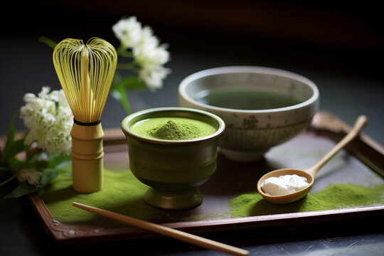 mat&eacute;riel pour le rituel d'une c&eacute;r&eacute;monie du th&eacute; japonaise, avec du th&eacute; matcha vert. Fouet, poudre de th&eacute;, baguette, cr&egrave;me, bol &agrave; th&eacute;, plateau. Fleurs en arri&egrave;re-plan. Culture ancestrale japonaise
