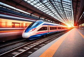 High speed train in motion on the railway station at sunset. Fast moving modern passenger train on railway platform. Railroad with motion blur effect. Commercial transportation. Blurred background - obrazy, fototapety, plakaty