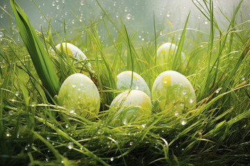 œufs de Pâques colorés à l'encre, dans les tons verts, dans l'herbe le matin avec de la rosée dessus. Chasse aux œufs en chocolat à Pâques. - obrazy, fototapety, plakaty