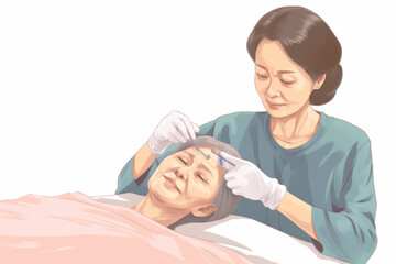 A woman lies in a hospital bed while a nurse tends to her, providing medical care and support. The scene captures the caregiving aspect of healthcare in a hospital setting
