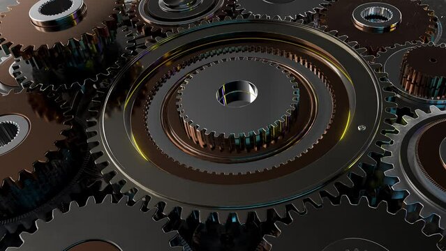 Gears working in the machinery.Idea businnes team working. Cog weel metallic gears in a machine rotating.