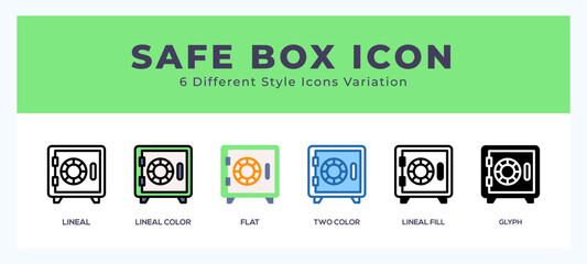 Safe box icon symbol set. outline. glyph black. flat color and filled line color.