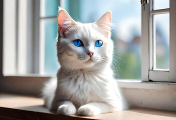white cute cat on the table and window in background with blue eyes. AI generative 