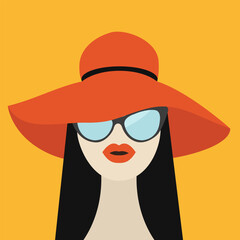 Portrait of woman in red hat, sunglasses. Avatar people icon for social networks. Cute cartoon character. Beautiful brunette girl face with red lips. Female head. Flat design. Yellow background.