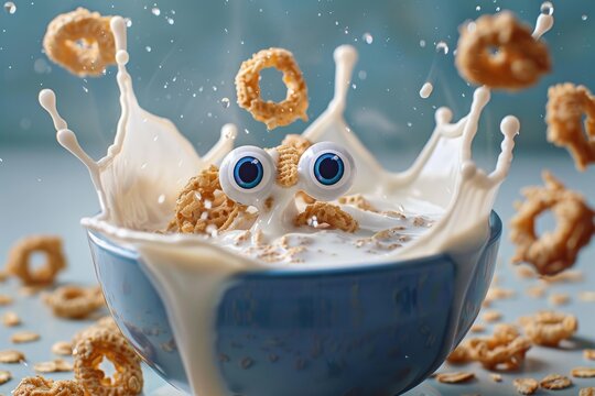 lively image capturing a moment of surprise as cereal and milk leap out of a blue bowl, the googly eyes on the cereal adding a touch of humor