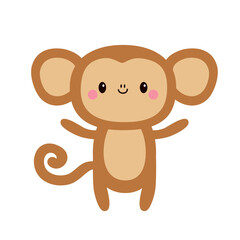 Monkey icon. Cute cartoon kawaii funny baby animal character. Brown color. Childish style. Educational card for kids. Flat design. White background. Isolated.