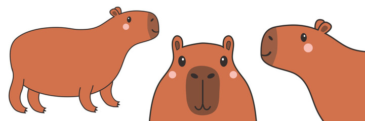 Capybara set. Water pig banner. Cute cartoon kawaii funny baby character. Smiling face head. Childish style. Sticker print, greeting card template. Flat design. White background. Isolated.