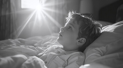 Black and white image of a young boy lying in bed looking towards a bright window with sun rays. Peaceful morning and childhood innocence concept