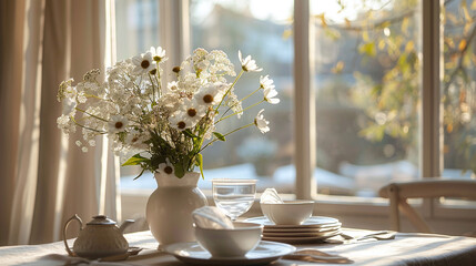 Elegant dining table setting with fresh flowers in vase, morning sunlight streaming through the window, creating a warm and welcoming atmosphere