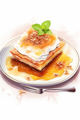 A white plate is featured prominently, showcasing a stack of pancakes drenched in sweet syrup