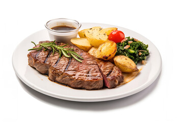 A gourmet plate with delicious looking beef and a side of vegetables and sauce. White isolated.