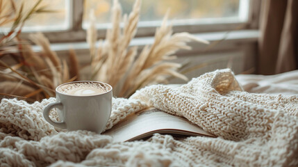 Cozy autumnal setting with a hot cup of coffee, an open book, and a chunky knit blanket by a window with dried wheat stalks, evoking a sense of warmth and relaxation