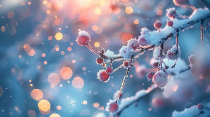 Poster Depict the silent beauty of a winter landscape with nature bokeh, where light whispers through fros © MAY