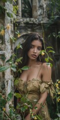 Beautiful Latina Woman Background in the Style with Nature Reclaiming the Ruins of Civilization around Her with Vines and Wildflowers created with Generative AI Technology