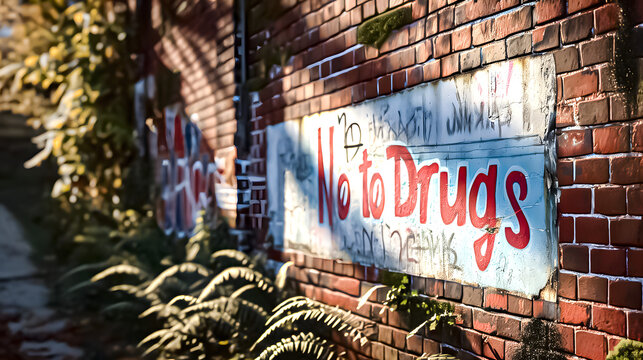 "No to drugs" sign painted on the wall of a building