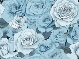 Pastel blue roses light watercolor design background in seamless repeating pattern from Generative AI
