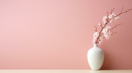Elegant Pink Cherry Blossoms in Minimalist White Vase on Pastel Background - obrazy, fototapety, plakaty