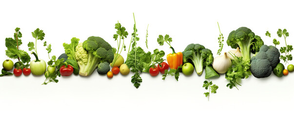 A variety of vegetables arranged horizontally in a line. Design elements with vegetables on a white background. - Powered by Adobe