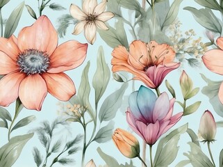 Pastel colorful flowers light watercolor design background in seamless repeating pattern from Generative AI