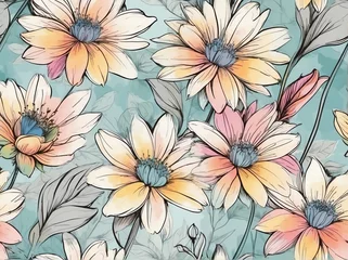 Fotobehang Pastel colorful flowers light watercolor design background in seamless repeating pattern from Generative AI © Arceli