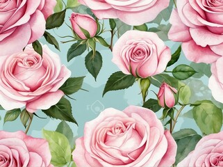 Pastel pink rose light watercolor design background in seamless repeating pattern from Generative AI