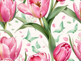 Obraz premium Pastel pink tulips light watercolor design background in seamless repeating pattern from Generative AI